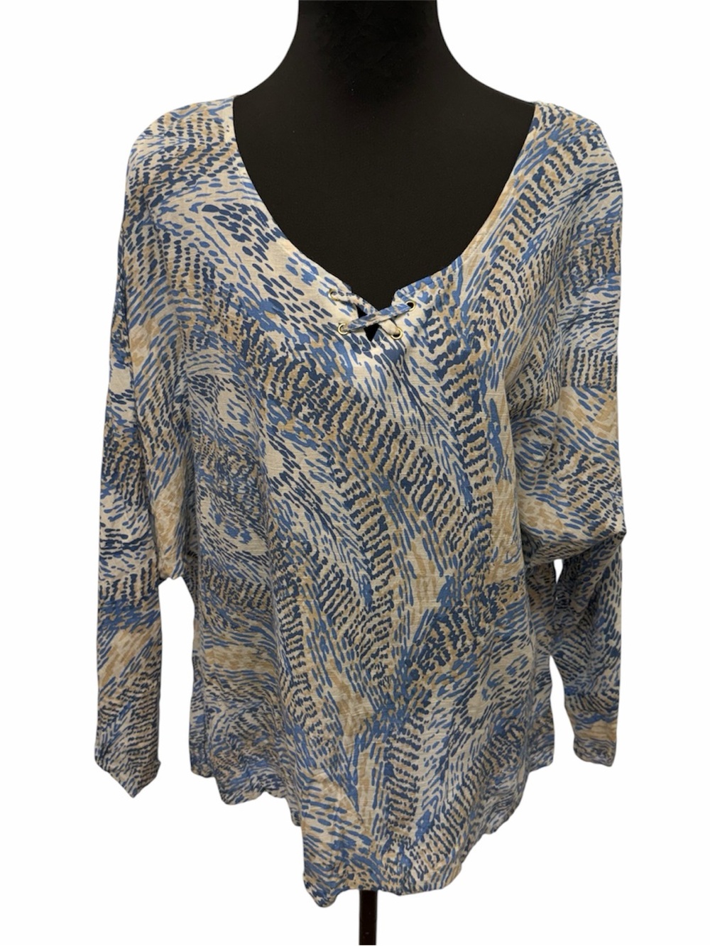 Avenue 22/24 Blue Beige Abstract Print Lace Up Blouse Plus Size Top
